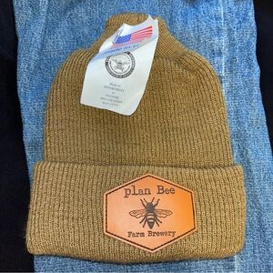 NWT Plan Bee Farm Brewery Brown Tan Beanie 100% Wool Watch Cap Made in USA